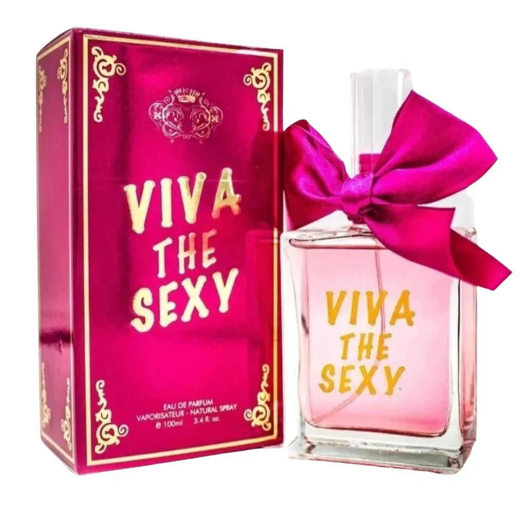 Viva The Sexy 100ml Eau De Parfum bottle with a large pink bow next to its vibrant pink and gold box.