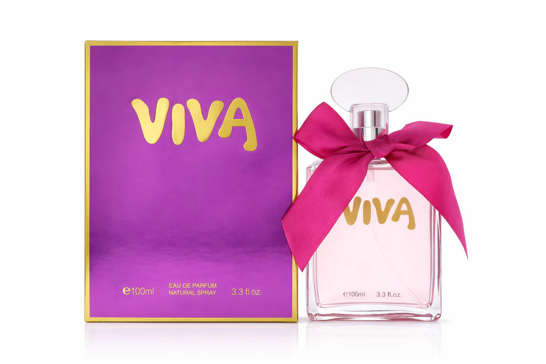 Viva by Royal Fragrance 100ml Eau de Parfum bottle with pink ribbon and purple box.