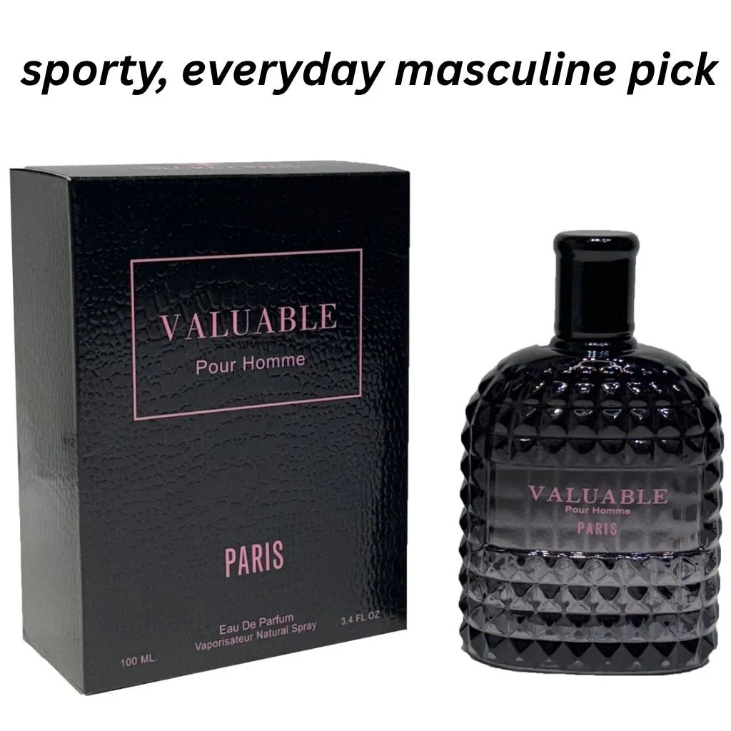 Valuable Pour Homme Paris Eau De Parfum 100ml spray bottle with an intricate diamond-studded black glass design next to its matching textured retail box.