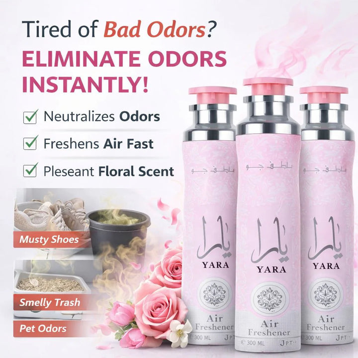 Lattafa Yara Air Freshener 300ml - Floral Room Spray - Home Office Car Fragrance Spray - Odor Eliminator - Pack of 3
