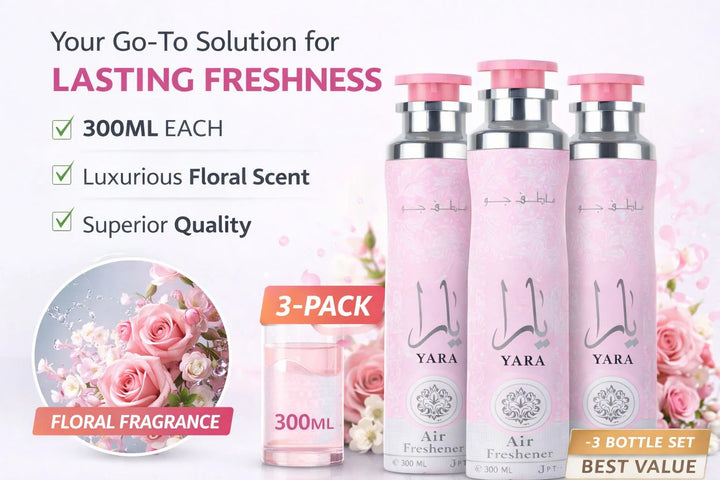 Lattafa Yara Air Freshener 300ml - Floral Room Spray - Home Office Car Fragrance Spray - Odor Eliminator - Pack of 3
