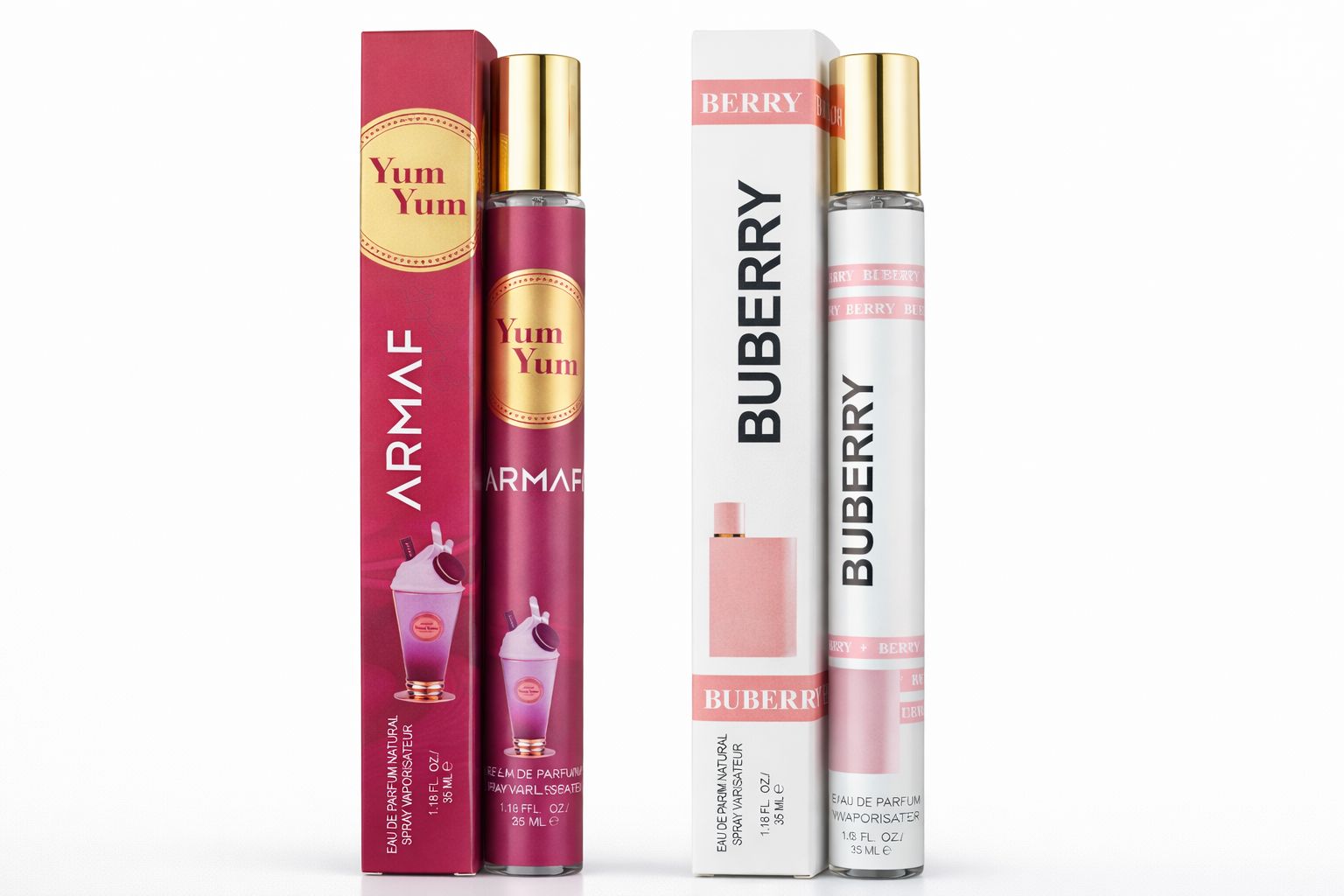 Women’s Luxury Travel Perfume 2 Pack showcasing a 35ml Armaf Yum Yum bottle in dark pink and a Buberry Berry bottle in white next to their custom gift boxes.
