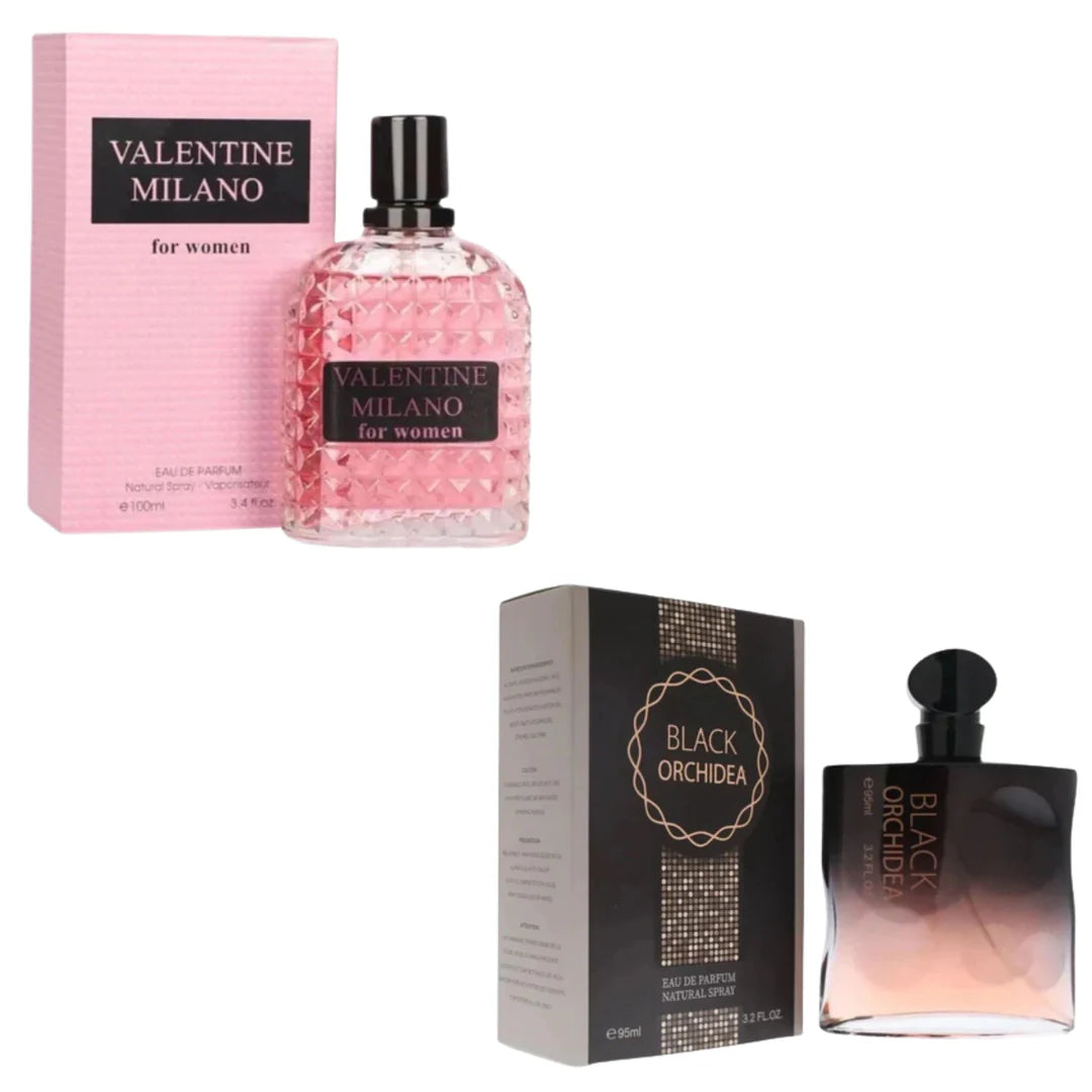 Women's Perfume 2 Pack featuring Valentine Milano 100ml and Black Orchidea 100ml Eau de Parfum bottles.