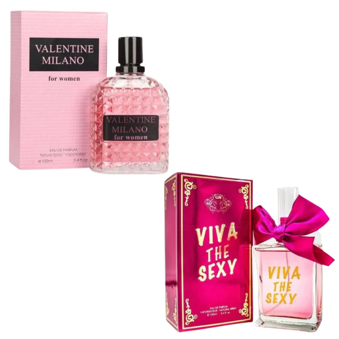 Women's Perfume 2 Pack featuring Valentine Milano 100ml and Viva The Sexy 100ml Eau de Parfum bottles.