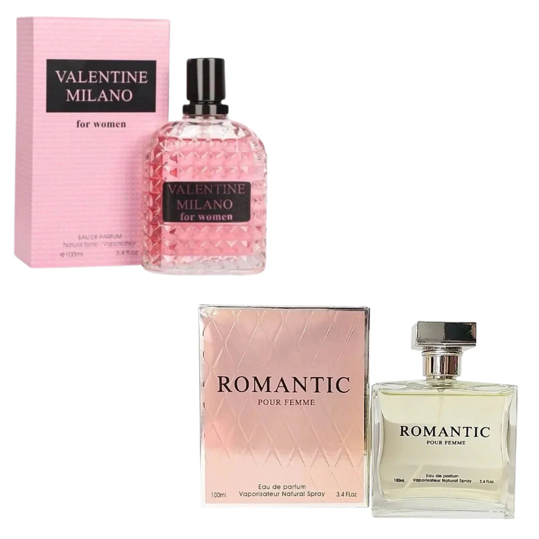 Women's Perfume 2 Pack featuring Valentine Milano and Romantic Pour Femme 100ml Eau de Parfum bottles.