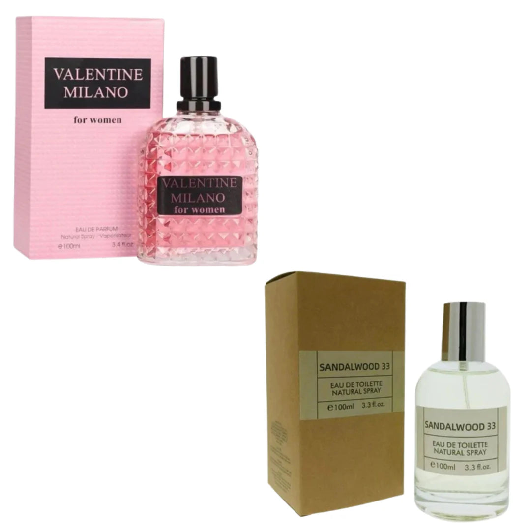 Women's Perfume 2 Pack featuring Valentine Milano and Sandalwood 33 100ml fragrance bottles.