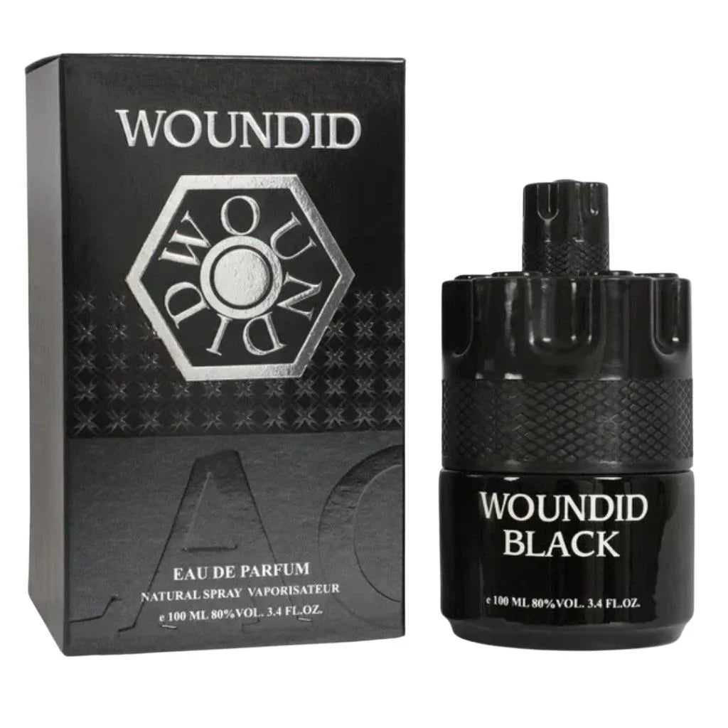 Woundid Black by EBC Collection Eau De Parfum 100ml men's cologne bottle with a textured diamond-knurled pattern next to its sleek matte black box.