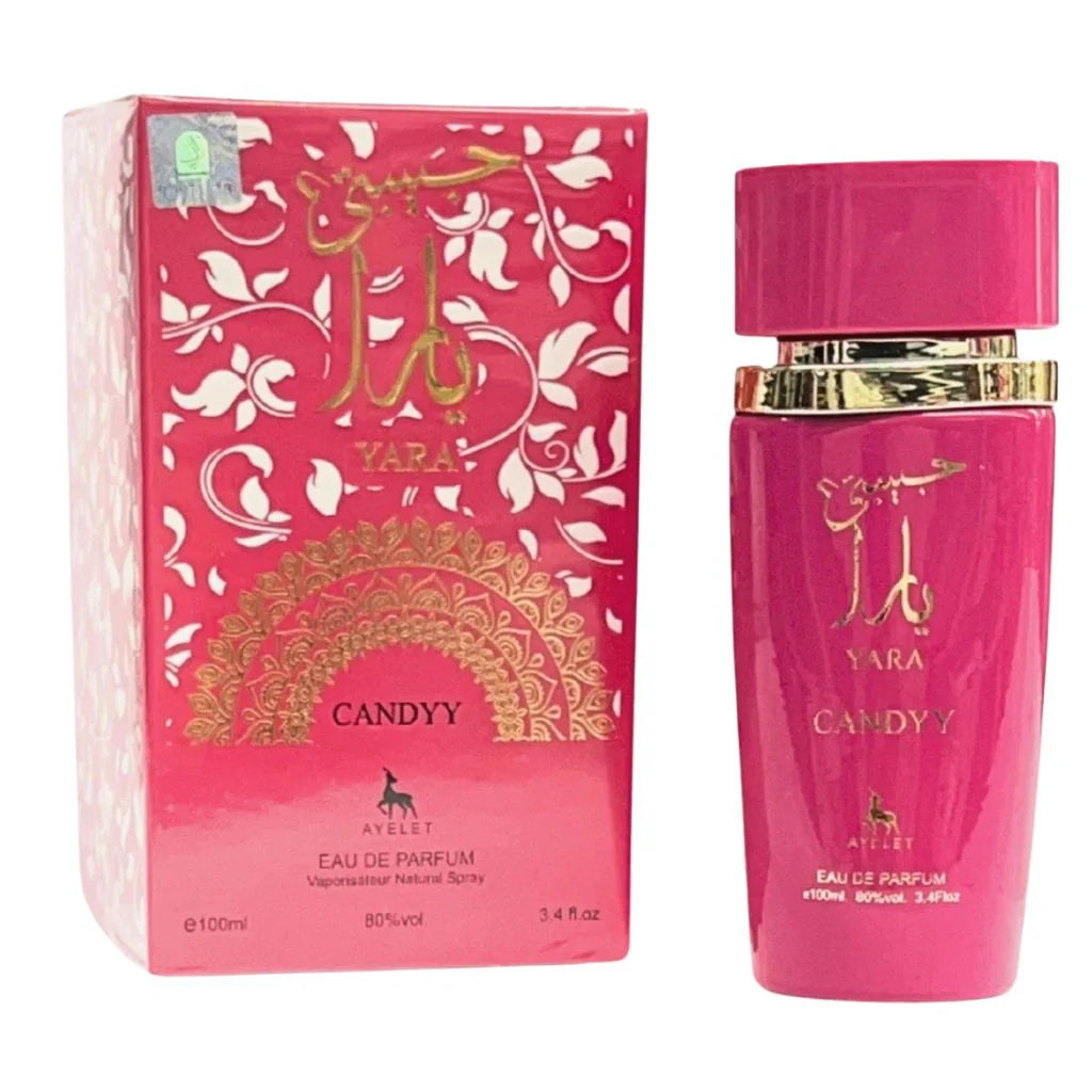 Yara Candyy 100ml Eau de Parfum in a vibrant pink bottle next to its matching pink and gold patterned retail box.