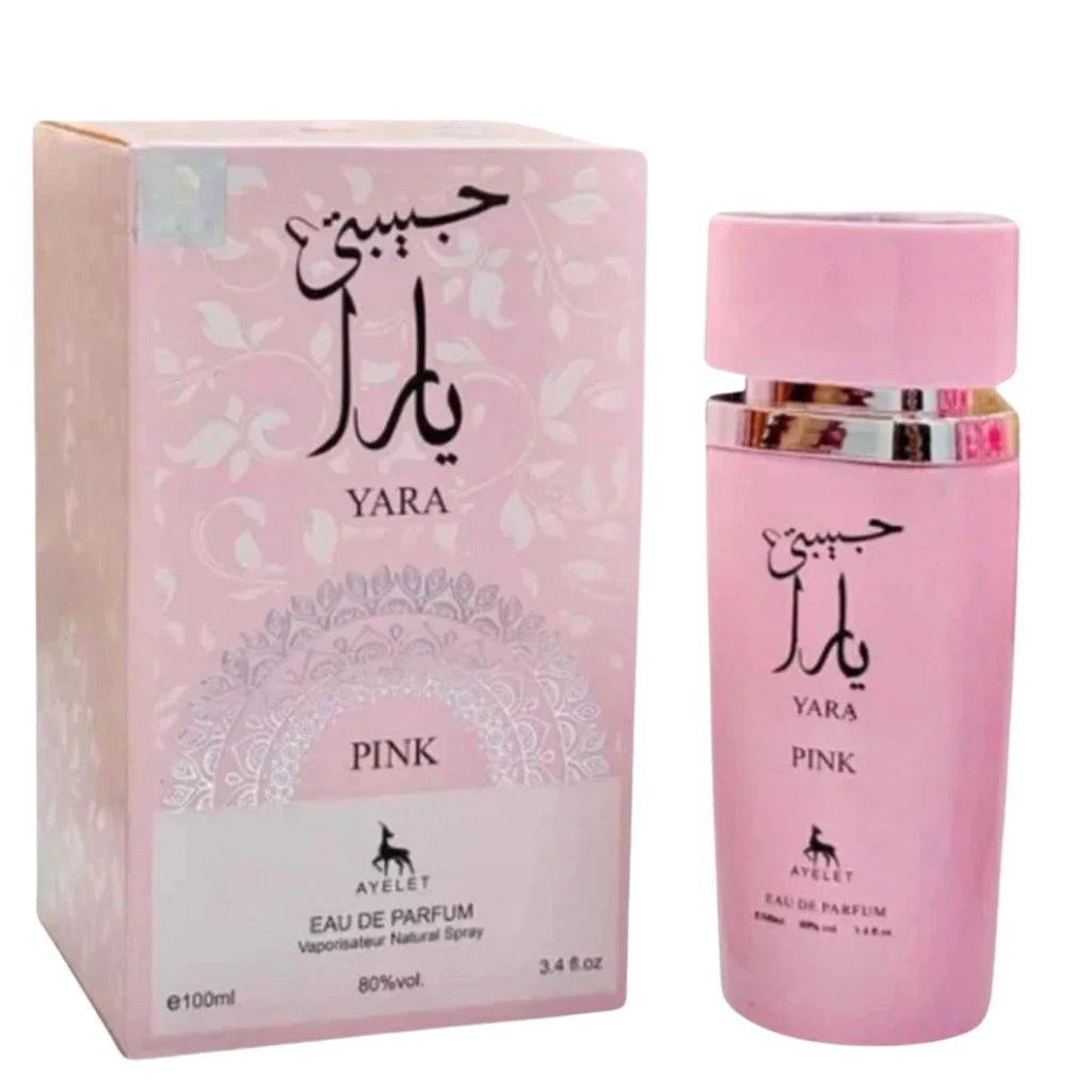 Yara Pink 100ml Eau de Parfum in a soft pink bottle next to its matching pink and white patterned retail box.