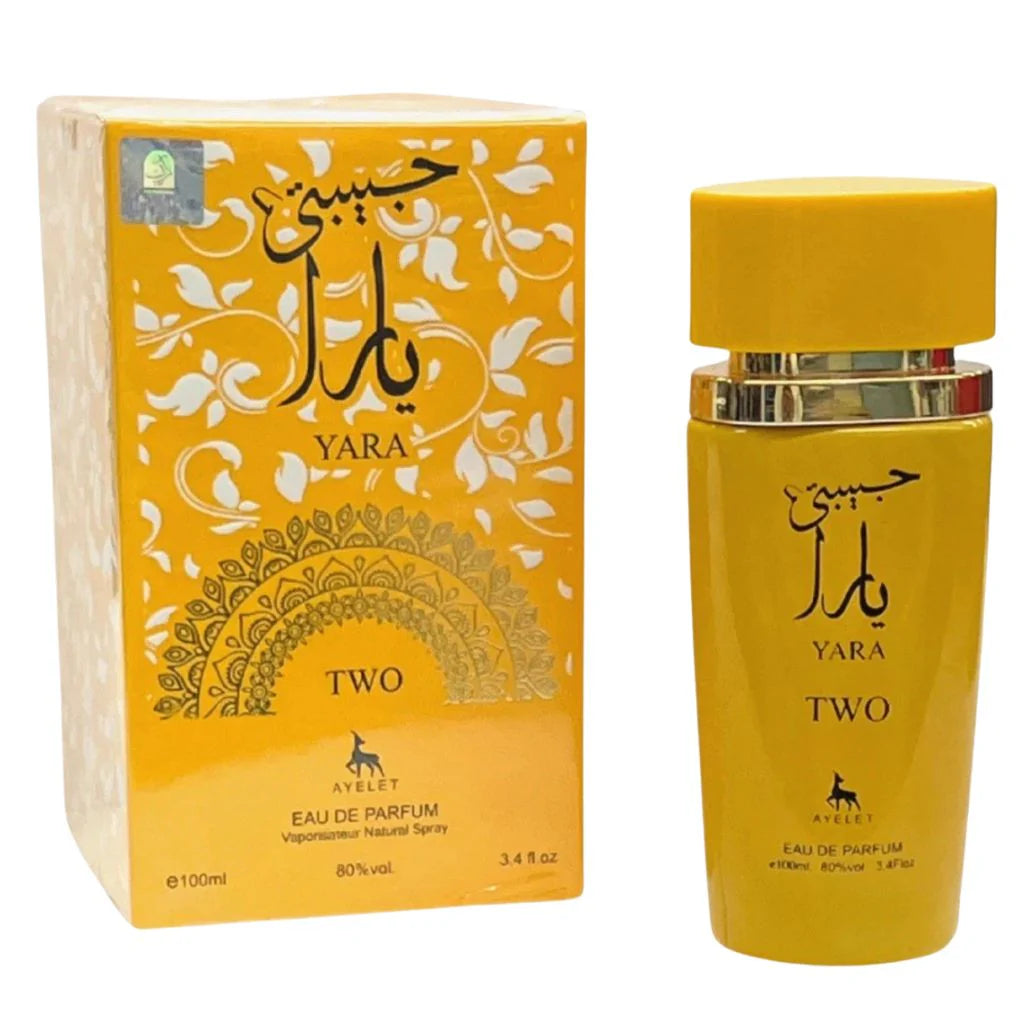 Yara Two 100ml Eau de Parfum in a vibrant yellow bottle next to its matching yellow and gold patterned retail box.