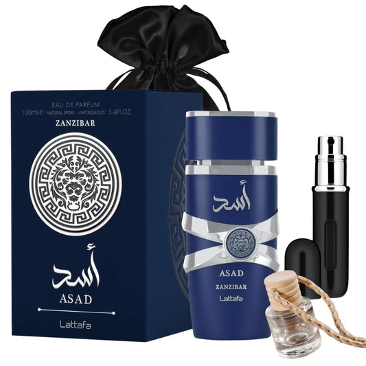 Lattafa Asad Zanzibar for Men Eau De Parfum Spray, 3.4 Oz with 5Ml Portable Refillable Atomizer and Refillable Car Freshener in a Satin Gift Bag