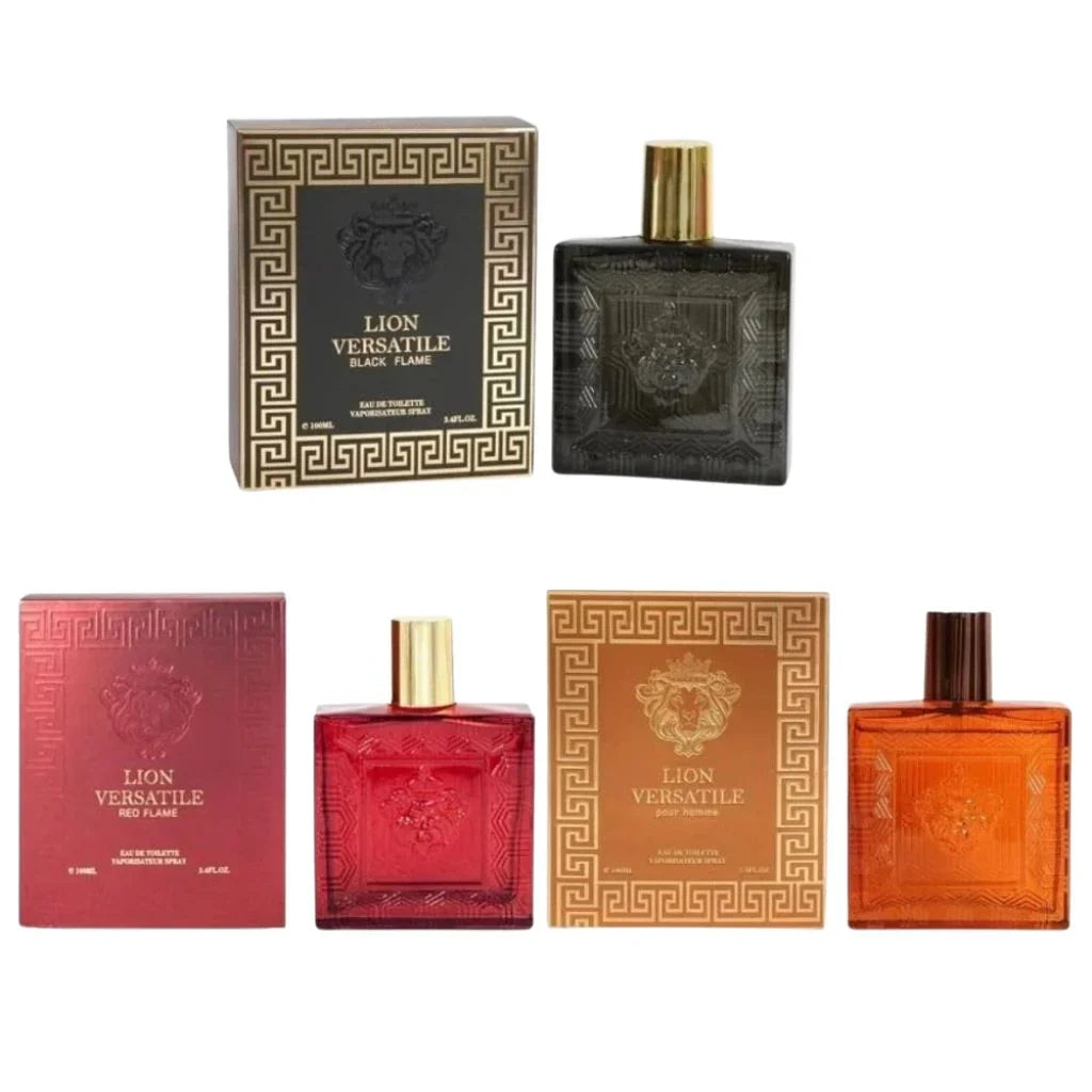 Lion Versatile, Red Flame &amp; Black Flame Cologne Set for Men – 3 Pack Eau de Toilette 3.4 oz / 100 ml Each – Long Lasting Bold Spicy Woody Masculine Fragrance Gift Set