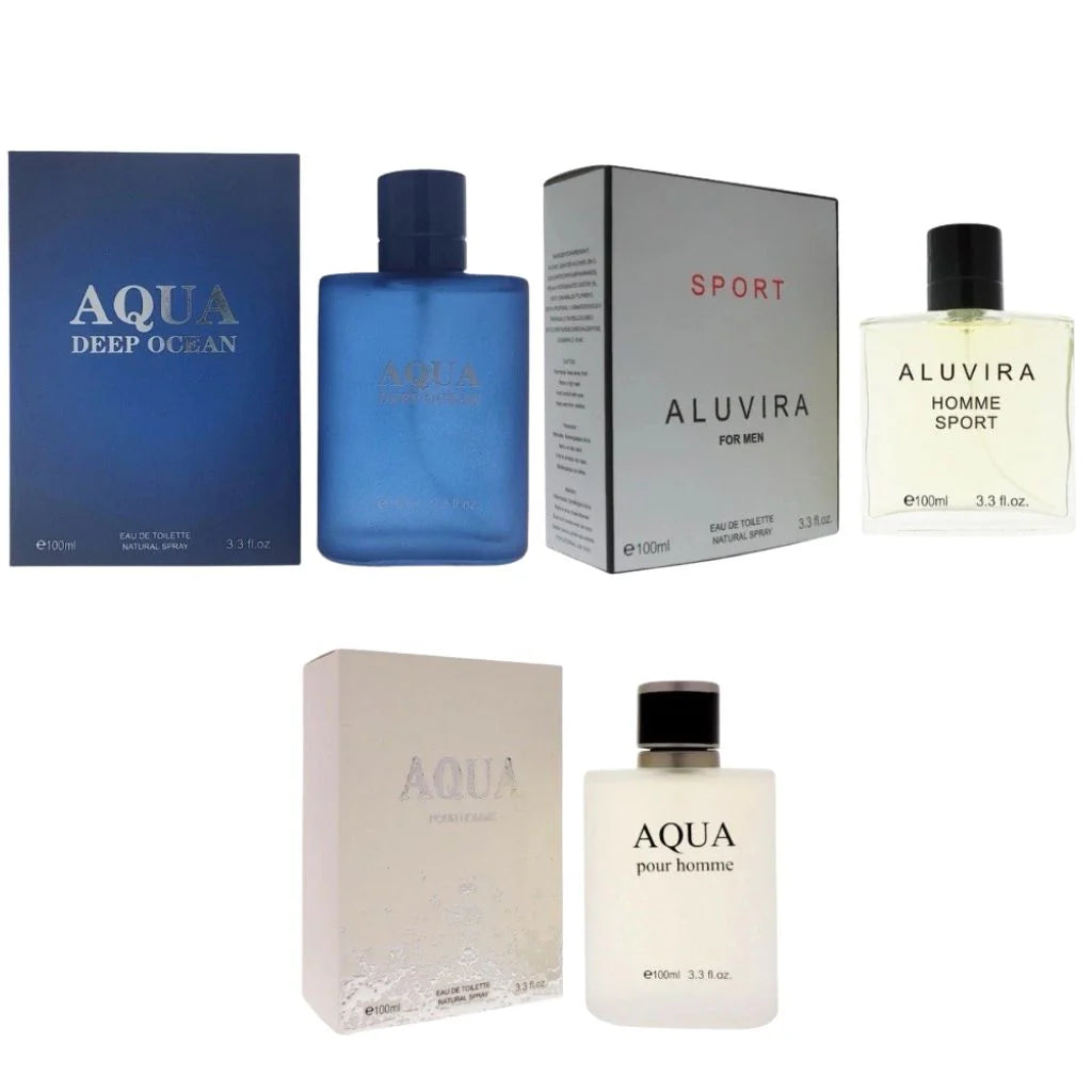 Sport Perfumes For Men – 3 Pack Set – Aluvira Sport + Aqua H20 + Aqua Deep Ocean – 3.4 oz / 100 ml Each