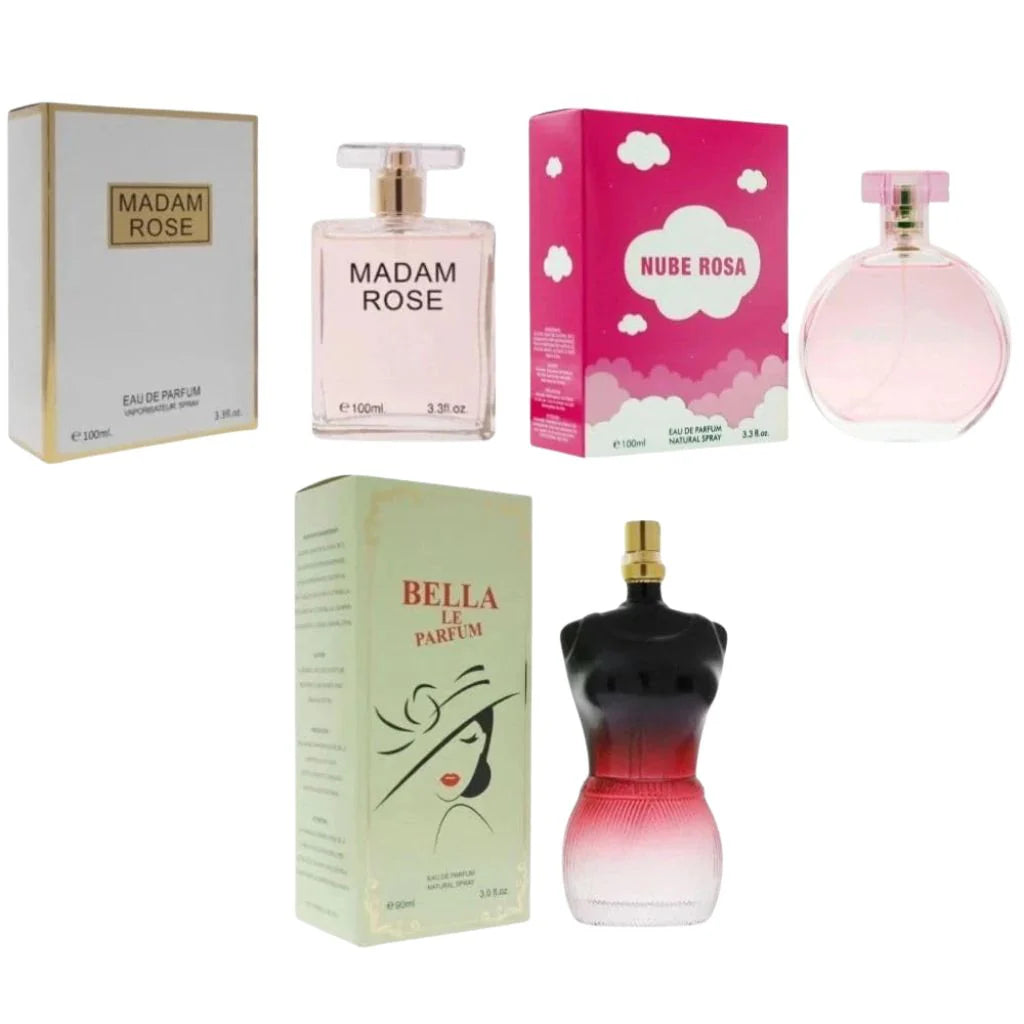 Rose Luxe Perfume Set for Women – 3 Sprays – 3.4 oz / 100 ml Each (Madam Rose, Nube Rosa, Bella)