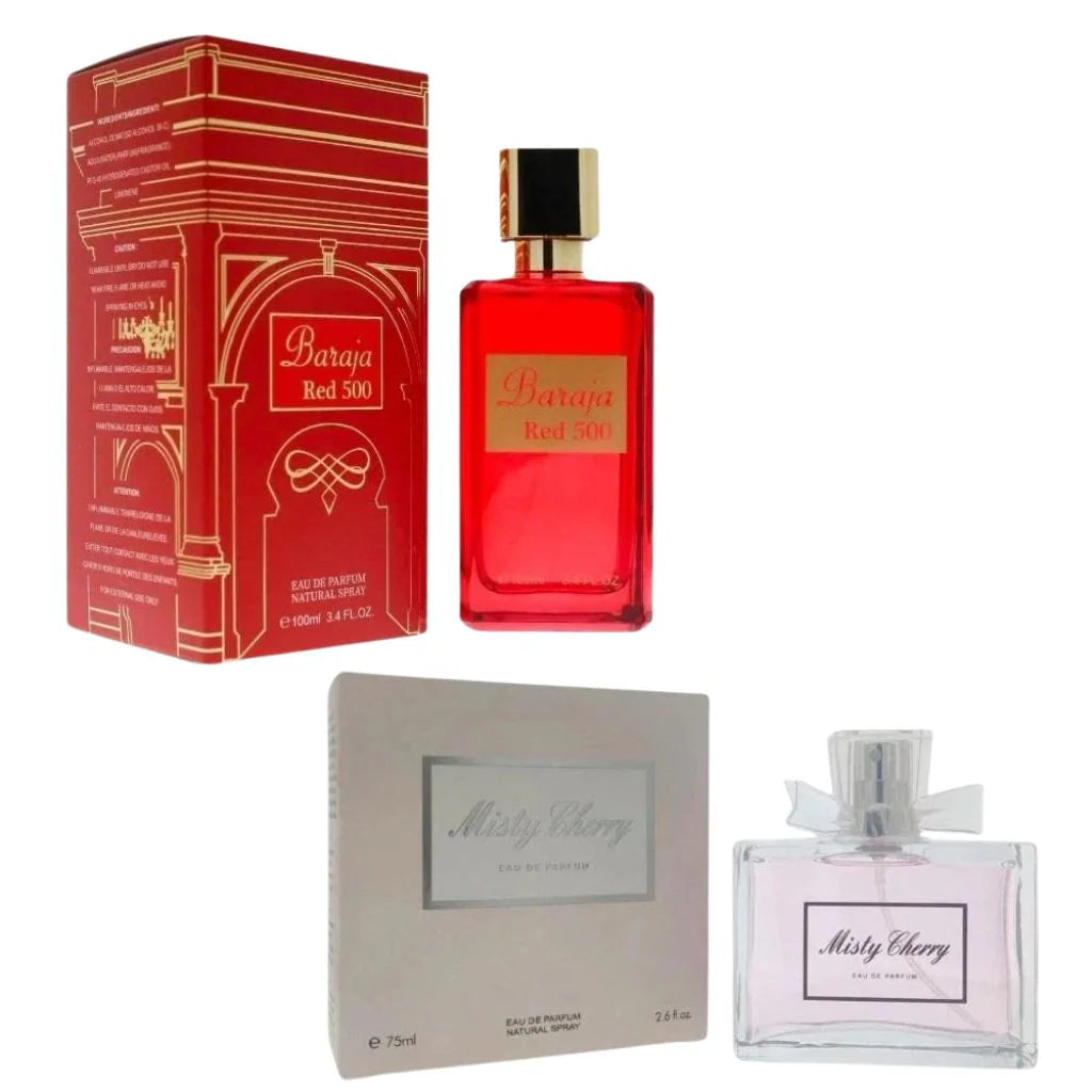 Red Desire Duo Perfume Gift Set – 2 Sprays – 3.4 oz / 100 ml Each (Baraja Red [Unisex], Misty Cherry [Women])
