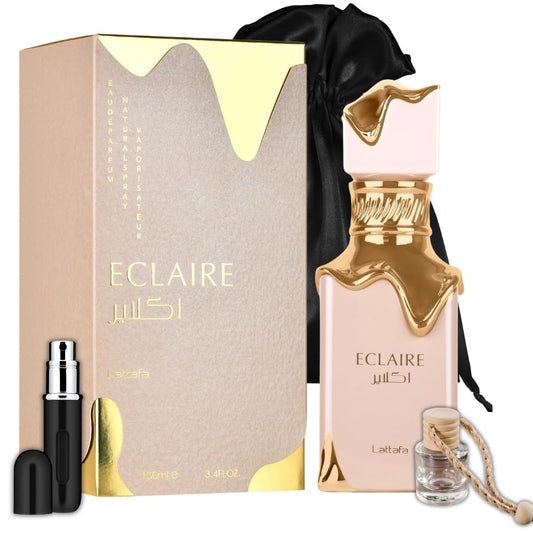 Bundle of Lattafa Eclaire Eau De Parfum Spray for Women, 3.4Oz with 5Ml Portable Refillable Atomizer and Refillable Car Freshener in a Satin Gift Bag