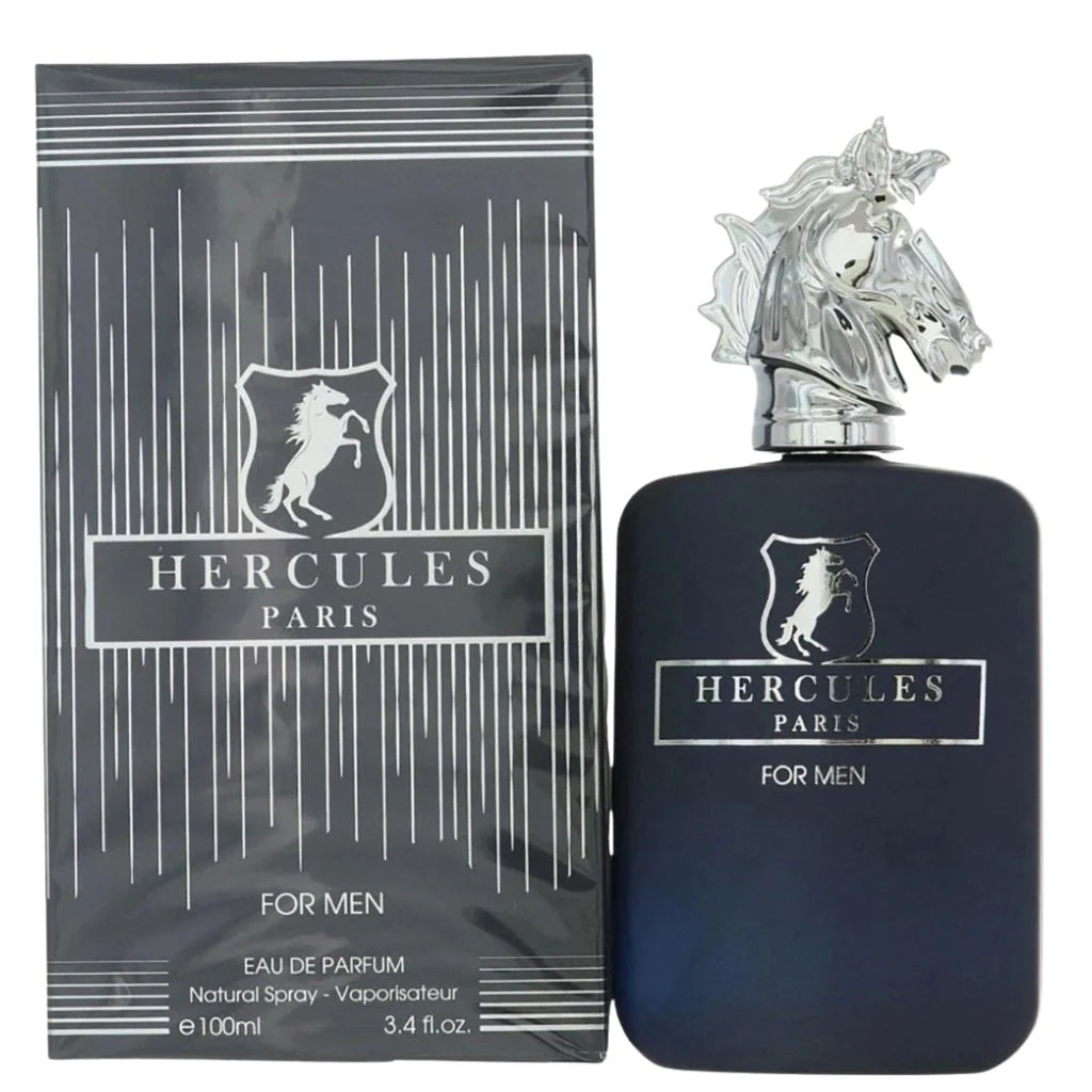 Hercules Paris 100ml EDP bottle with silver horse head cap and navy box