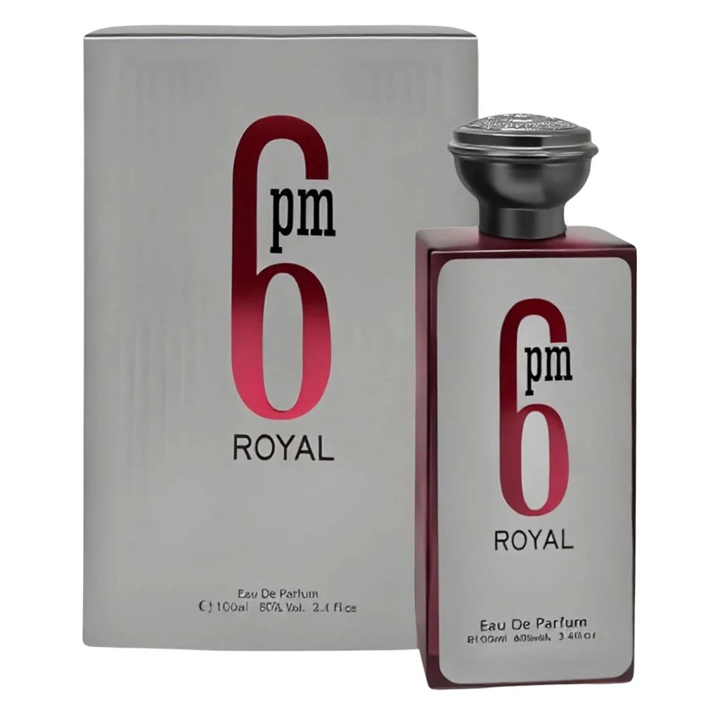 6 PM Royal for men in a 100ml bottle with red borders and a silver cap next to its matching silver and red retail box.